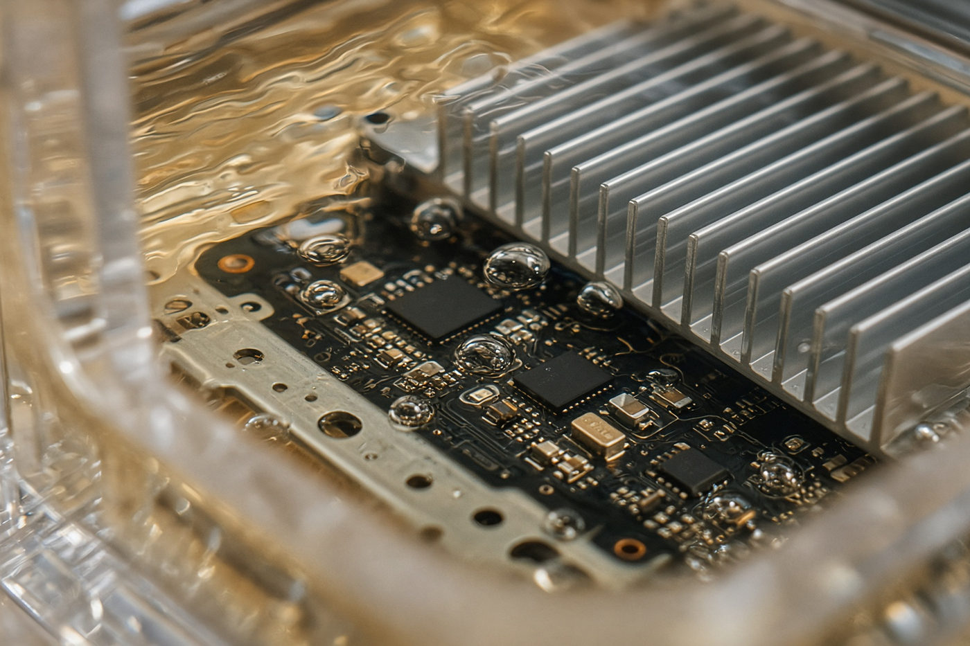 Close view of a GPU heatsink fully immersed in mineral oil