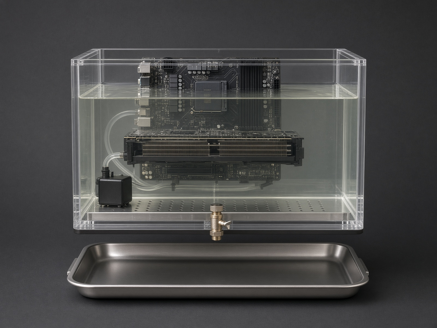 Front elevation of the sealed acrylic tank on its spill tray