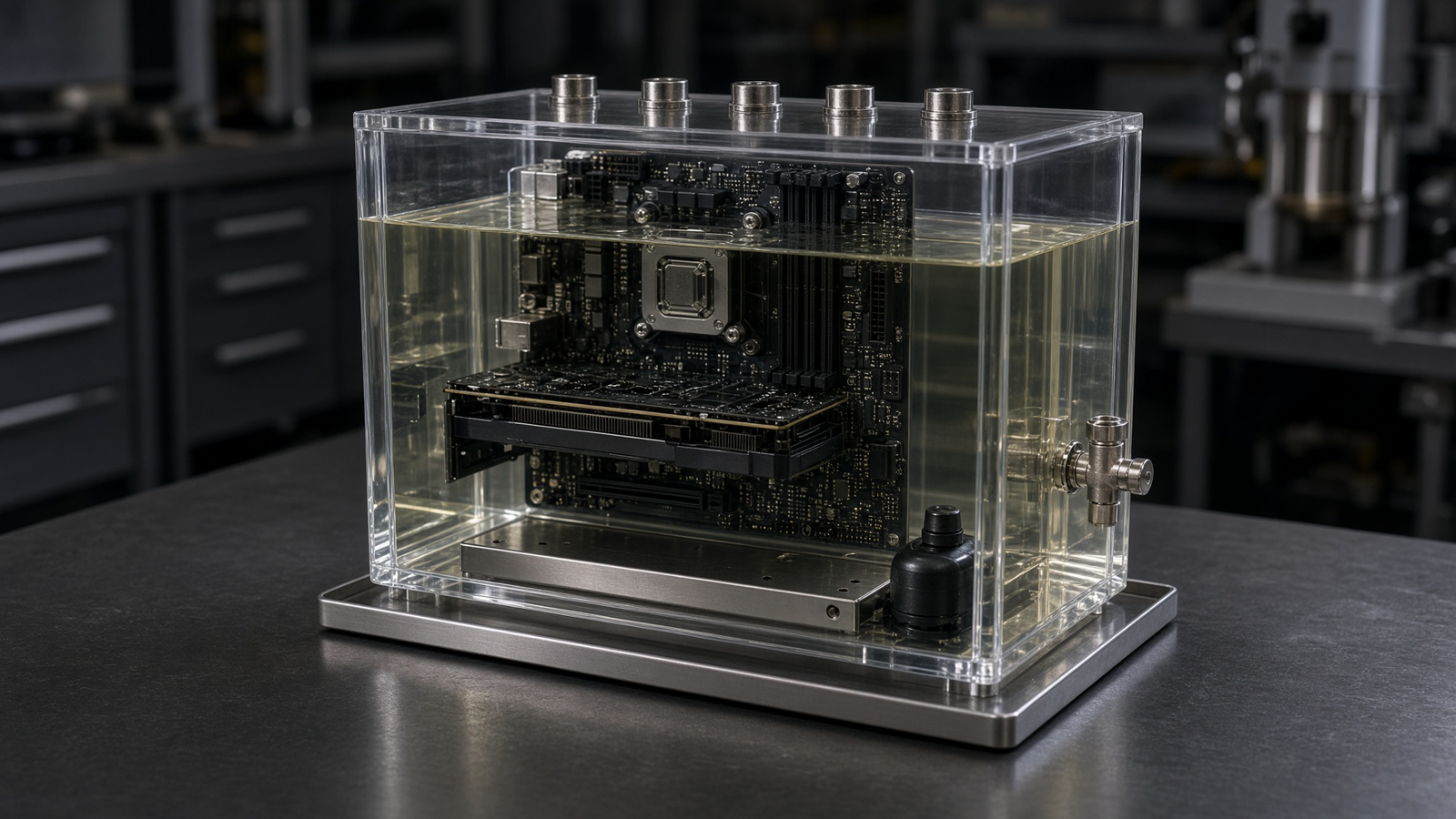 Clear acrylic immersion tank with a motherboard and GPU submerged in mineral oil